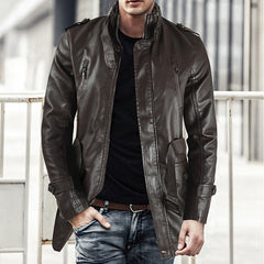 Men's Mid-length Leather Coat Stand Collar Fleece-lined Thickened