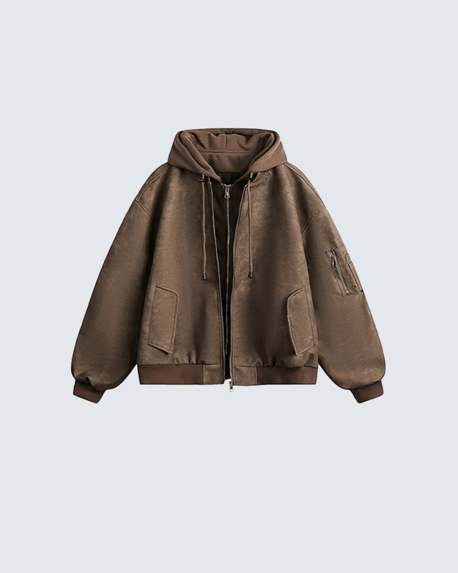 Black Leather Bomber Hoodie Jacket Main Image