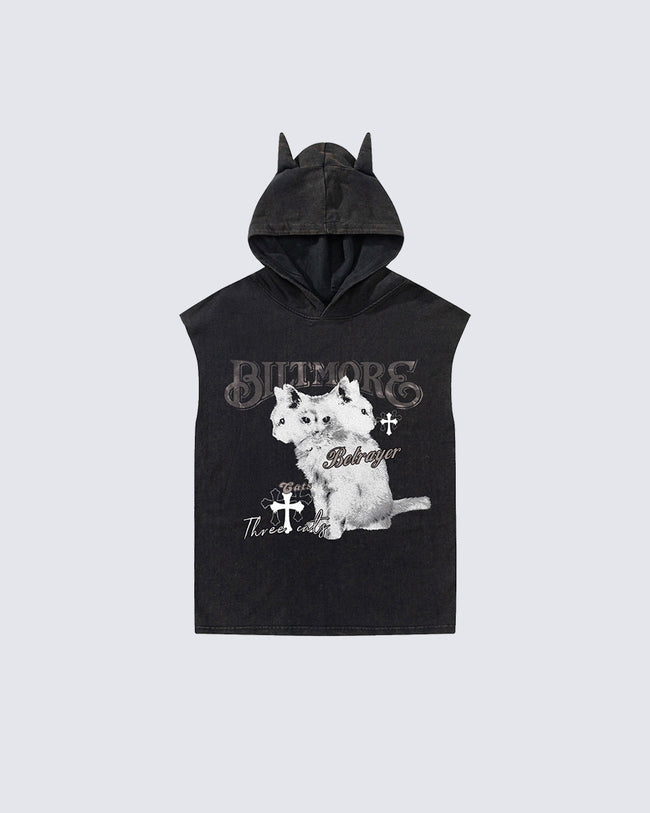 Vintage Cat Graphic Bat Sleeve Vest Hoodie Hover Image