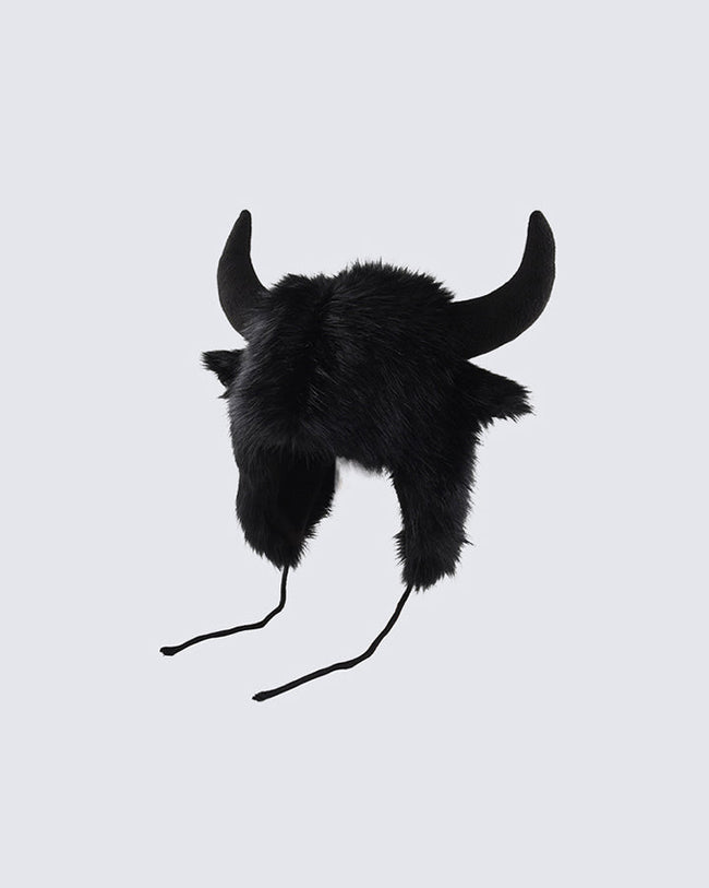 Black Horn Faux Fur Trapper Hat Hover Image