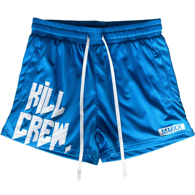 MUAY THAI SHORTS (MID THIGH CUT) - BLUE / WHITE Hover Image
