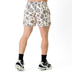 MUAY THAI SHORTS (MID THIGH CUT) BANDANA - CREAM / BLACK