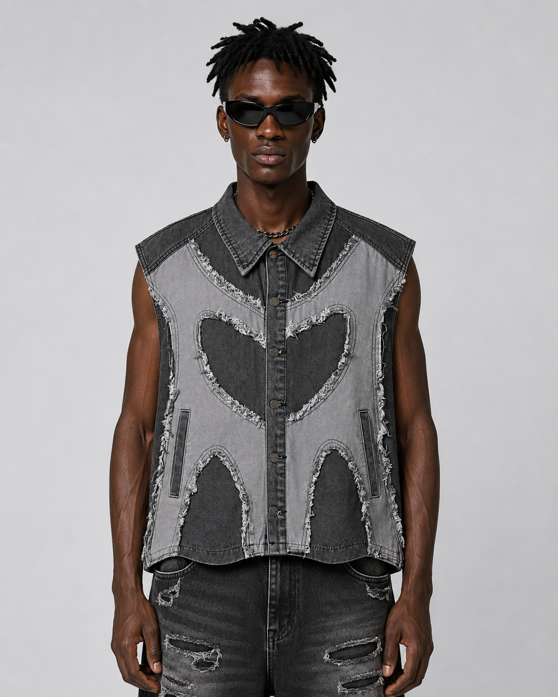 Distressed Patchwork Denim Vest