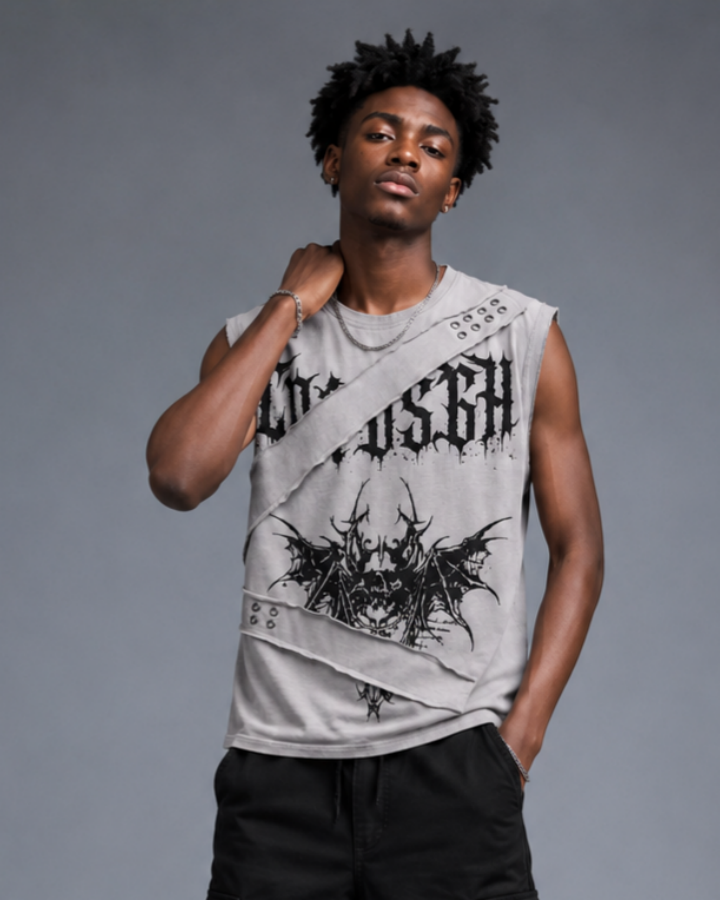 Gothic Bat And Skull Print Deconstructed Print Sleeveless Vest