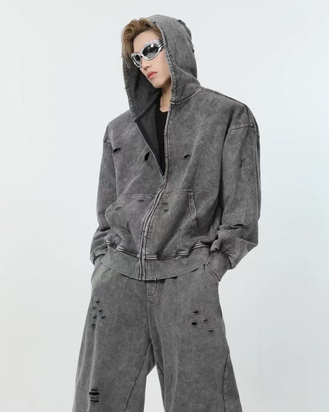 Distressed Washed Zip-Up Hoodie Main Image