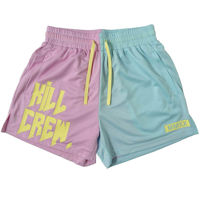 MUAY THAI SHORTS (MID THIGH CUT) 2 TONE - PASTEL PINK / BLUE Hover Image