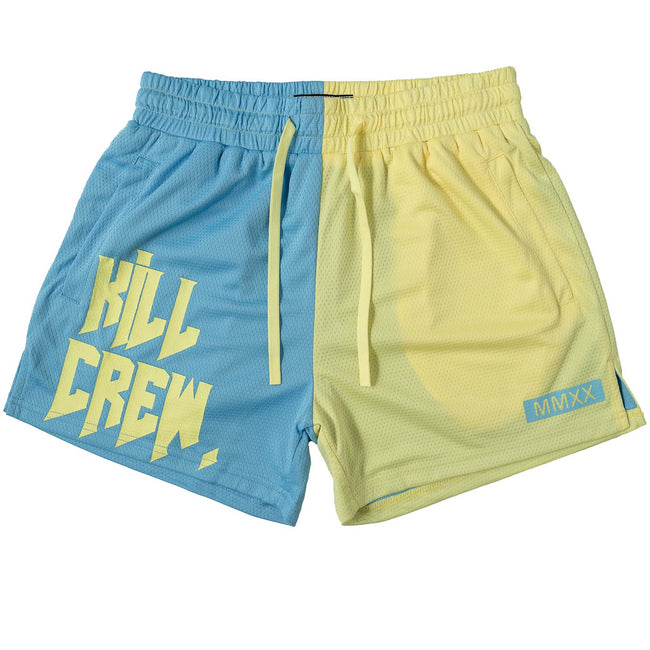 MUAY THAI SHORTS (MID THIGH CUT) 2 TONE - PASTEL BLUE / YELLOW Hover Image