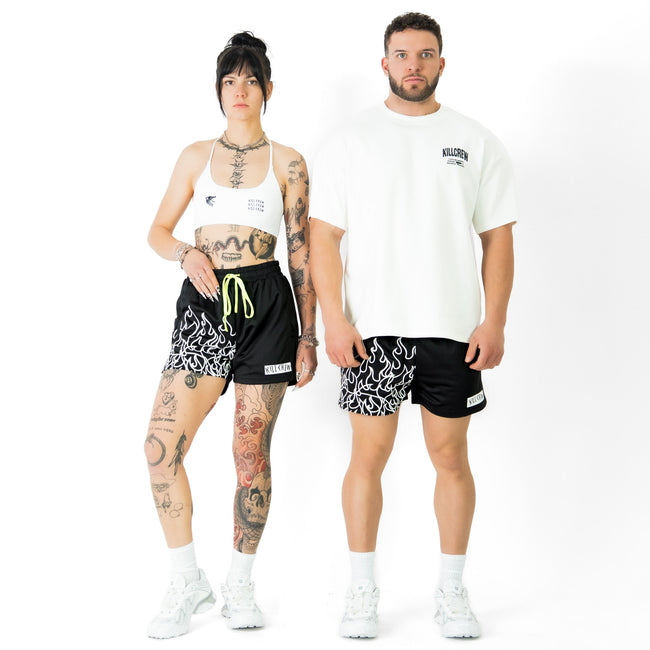 MUAY THAI FLAME SHORTS (MID THIGH CUT) - BLACK / WHITE Main Image