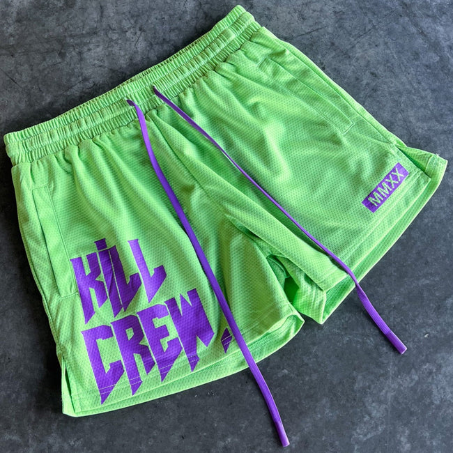 MUAY THAI SHORTS (MID THIGH CUT) - GREEN / PURPLE Main Image