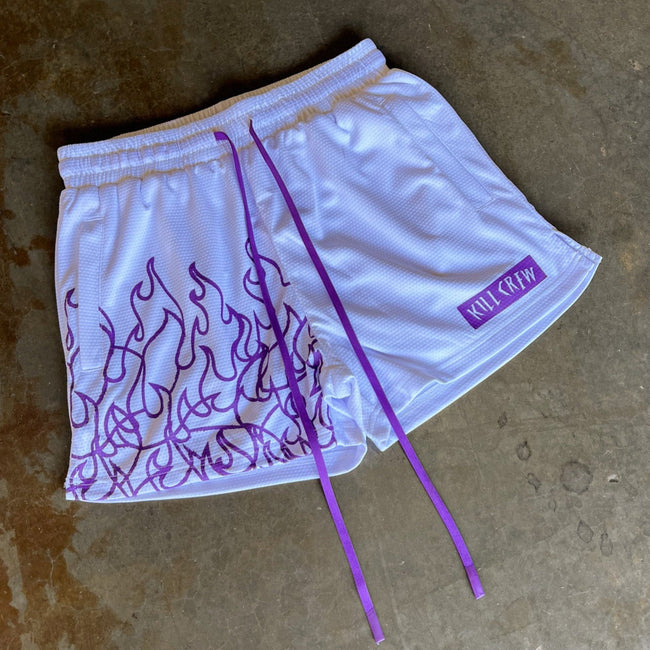 MUAY THAI FLAME SHORTS (MID THIGH CUT) - WHITE / PURPLE Main Image