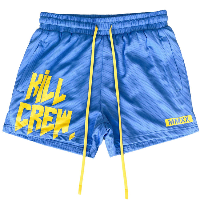 MUAY THAI SHORTS (MID THIGH CUT) - BLUE / YELLOW Hover Image