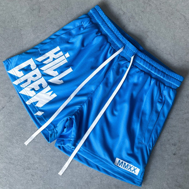MUAY THAI SHORTS (MID THIGH CUT) - BLUE / WHITE Main Image
