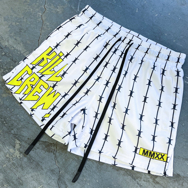 BARBWIRE MUAY THAI SHORTS (MID THIGH CUT) - WHITE / YELLOW Main Image