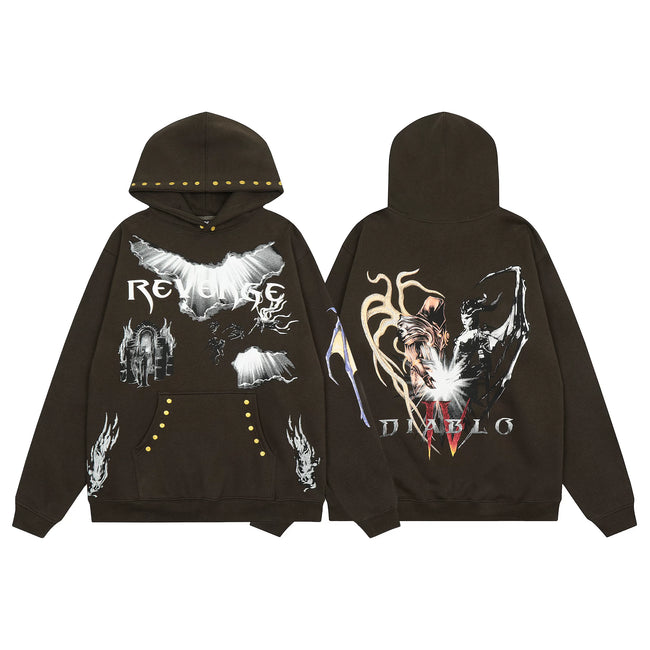 Revenge x Diablo IV Brown Studded Arch Logo & Characters Pullover Hoodie Hover Image