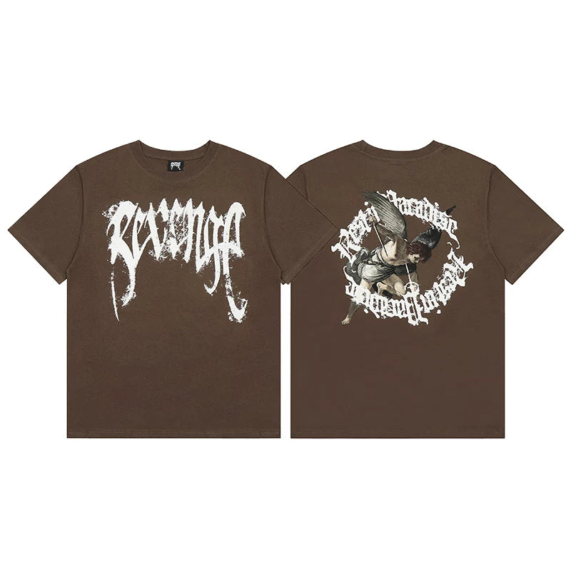 Revenge Angel / Religious Circle Arch Logo Short Sleeve T-Shirt Brown
