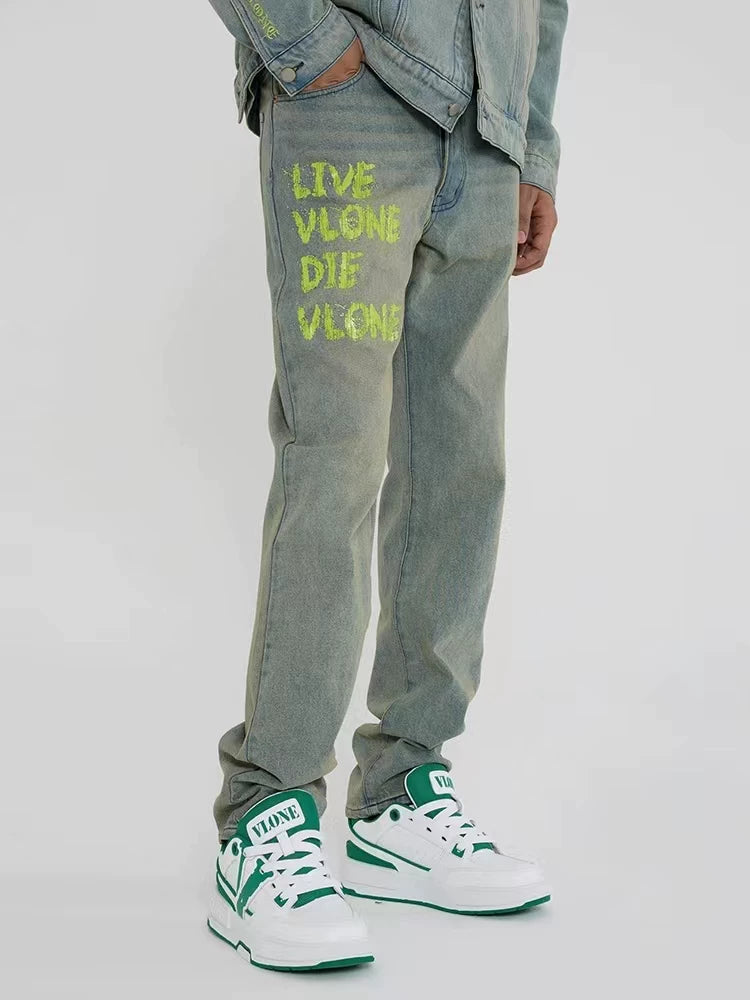 Vlone "Live Vlone Die Vlone" Graphic Denim Jeans - Light Wash/Green