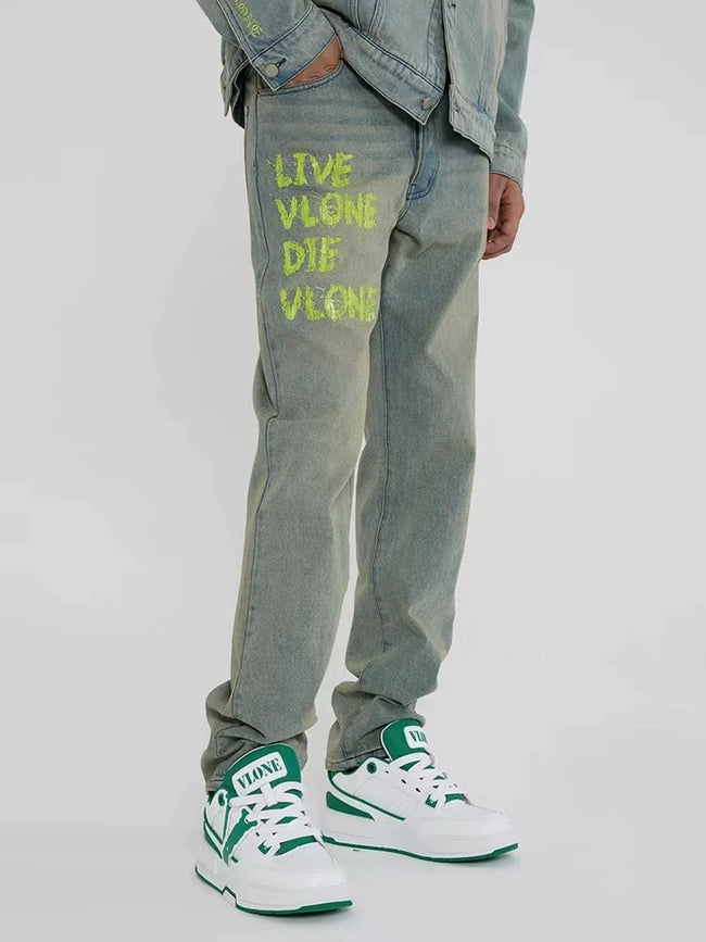 Vlone "Live Vlone Die Vlone" Graphic Denim Jeans - Light Wash/Green Main Image
