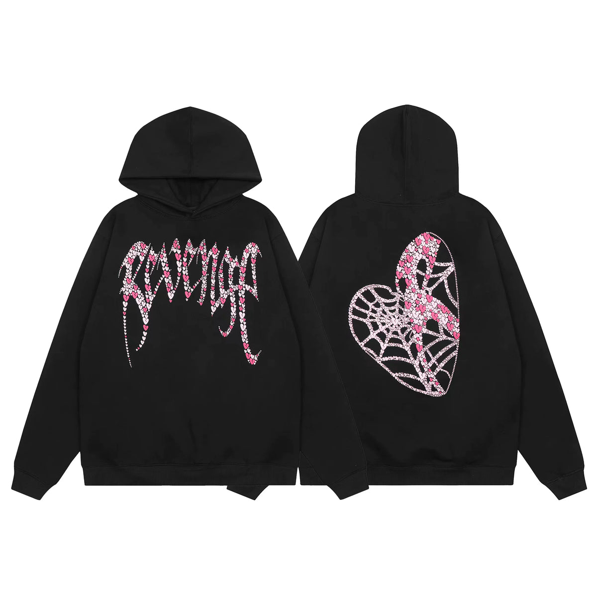 Revenge Rhinestone Spiderweb Heart Arch Logo Pullover Hoodie pink