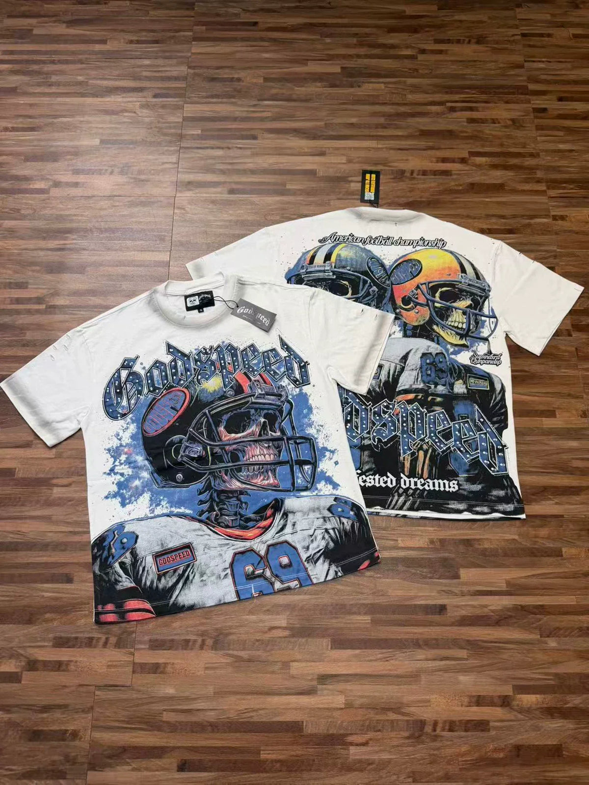 Godspeed Retro Football Helmet Graphic T-Shirt – White Streetwear Tee