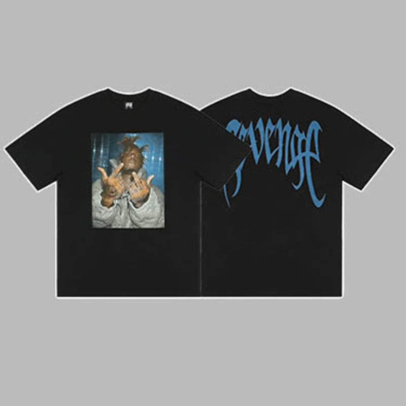 Revenge x Juice WRLD Blue Arch Logo & Photo Graphic Short Sleeve T-Shirt