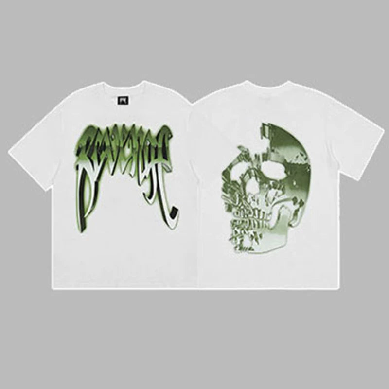 Revenge Green & Silver Gradient Arch Logo & Broken Skull Graphic Short Sleeve T-Shirt White