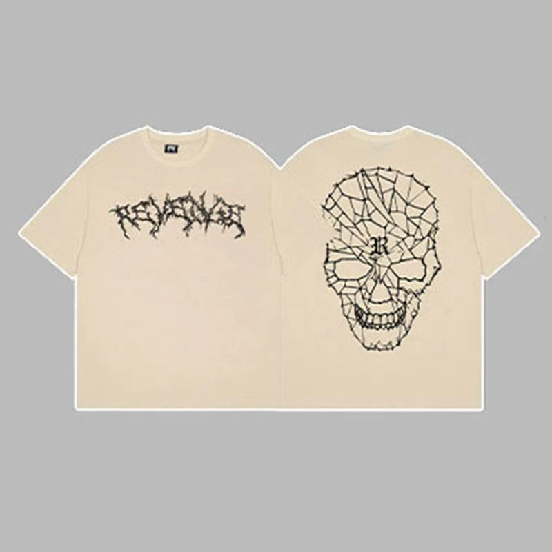 Revenge Arch Logo & Geometric Shattered Skull Graphic Short Sleeve T-Shirt  Beige