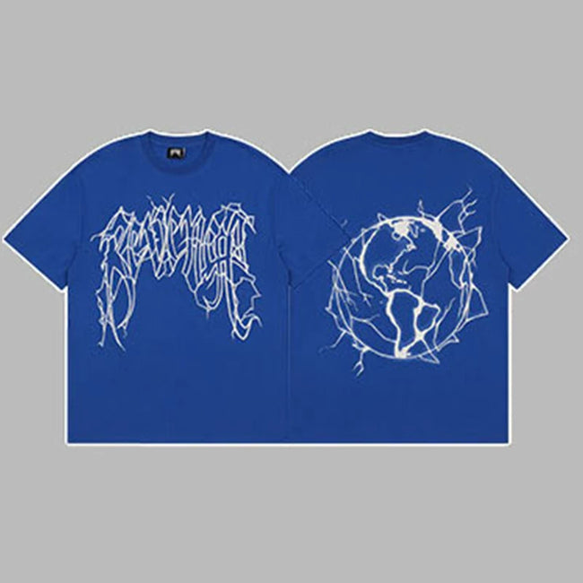Revenge Arch Logo & Lightning Earth Graphic Short Sleeve T-Shirt  Blue Hover Image