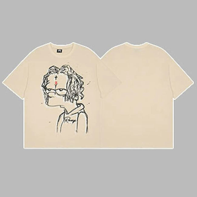 Revenge Outline Cartoon Portrait Graphic Short Sleeve T-Shirt Beige Hover Image