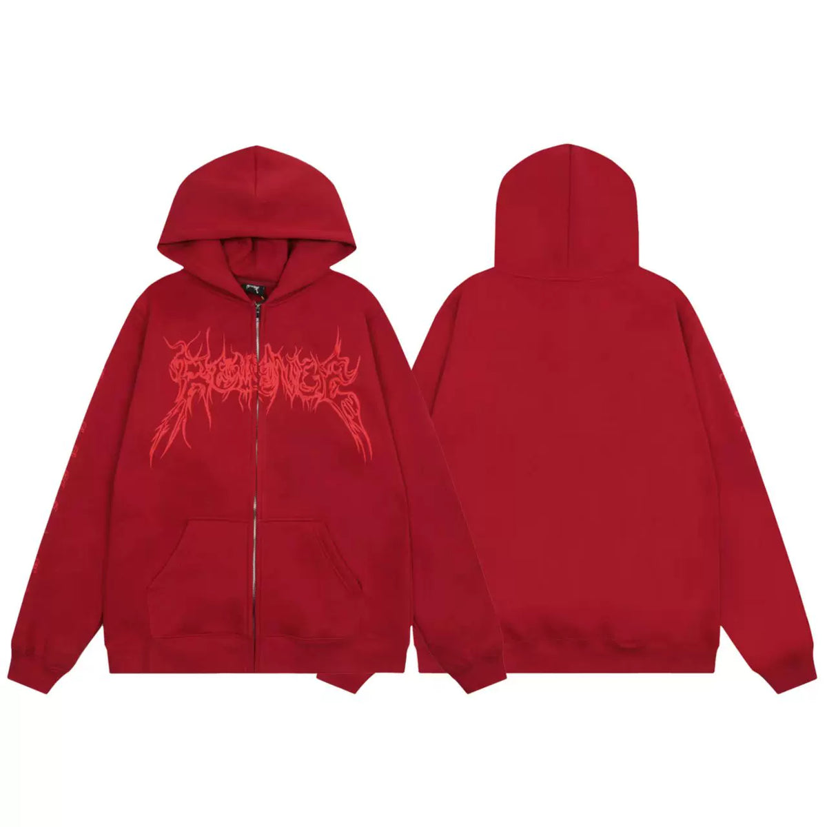 Streetwear Gothic Script Logo Full-Zip Hoodie - Burgundy