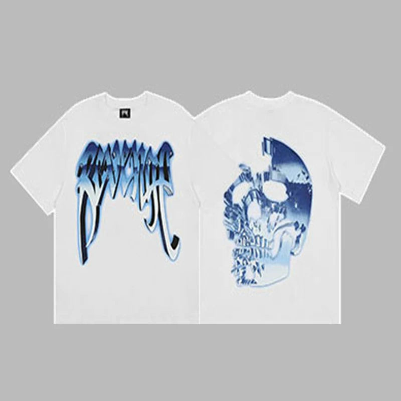 Revenge Silver & Blue Metallic Arch Logo & Skull Graphic Short Sleeve T-Shirt White