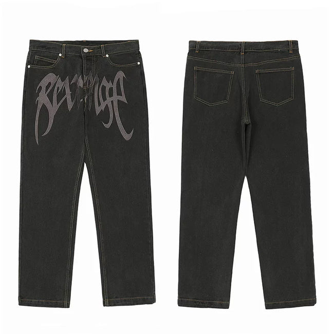Revenge Vintage Dark Wash Gothic Logo Denim Jeans Hover Image