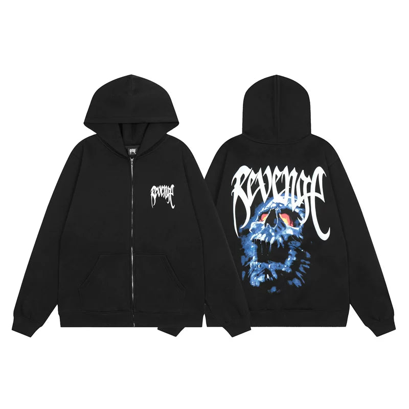 Revenge Skull Graphic Back-Print Zip-Up Hoodie - Black