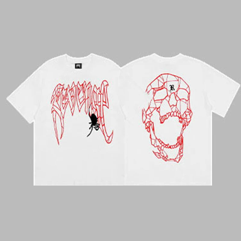 Revenge Arch Logo with Spider & Geometric Skull Graphic Short Sleeve T-Shirt White