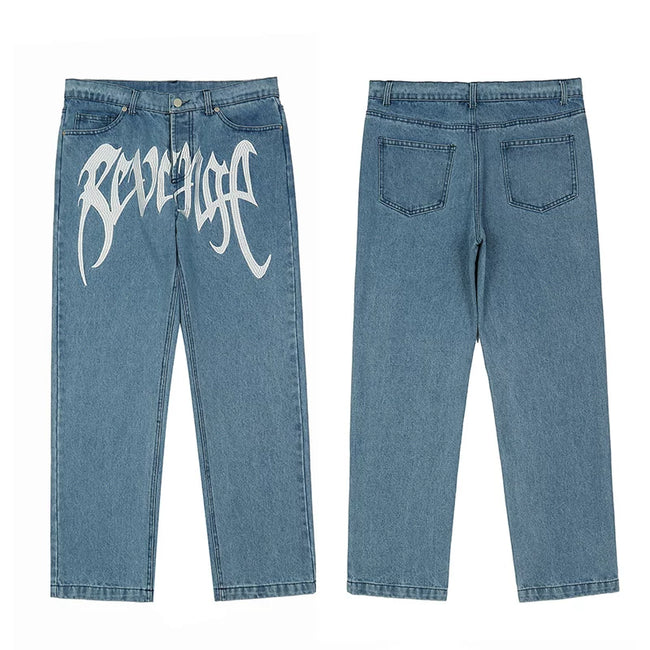 Revenge Vintage Blue Wash Gothic Logo Denim Jeans Hover Image