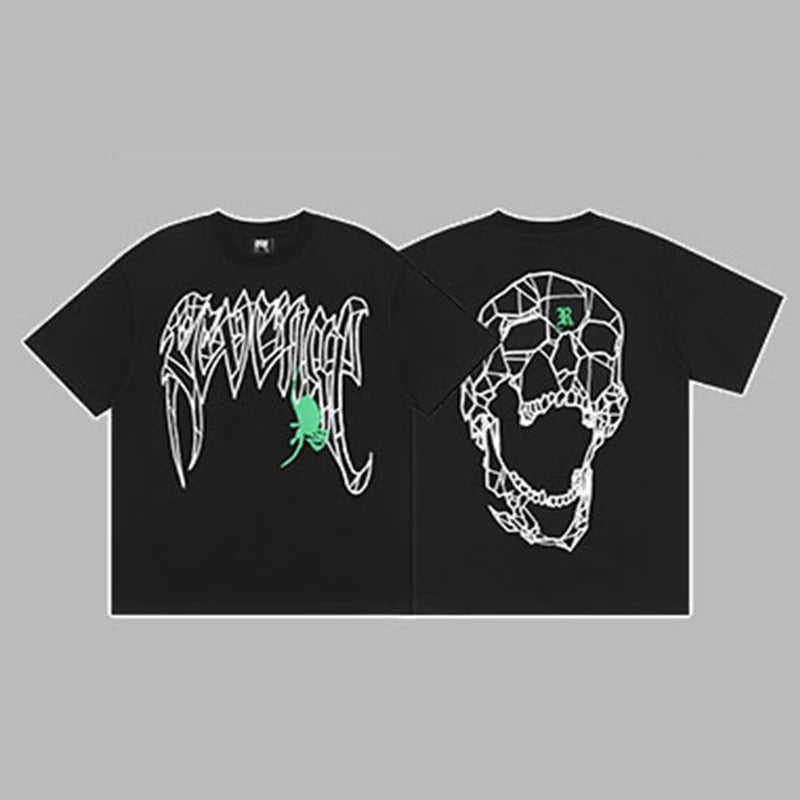 Revenge Arch Logo with Flower & Geometric Shattered Skull Graphic Short Sleeve T-Shirt Black