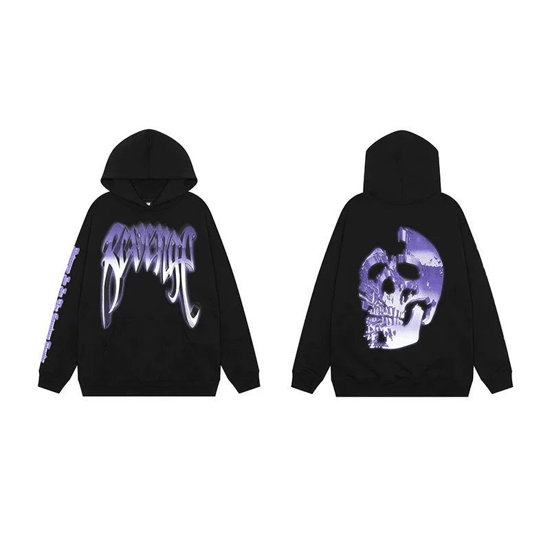 Revenge Gradient Splatter Cracked Skull Arch Logo Pullover Hoodie purple
