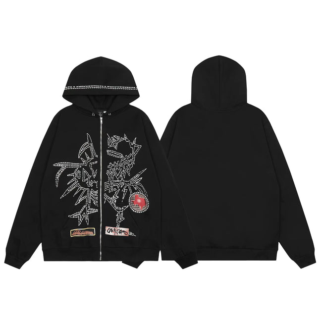 Streetwear Rhinestone Embellished Full-Zip Hoodie - Black Hover Image