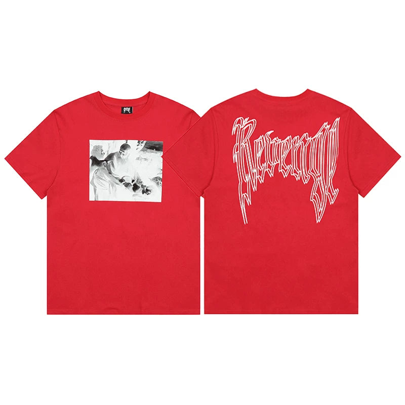 Revenge White Arch Logo & Photo Graphic Short Sleeve T-Shirt (Red)