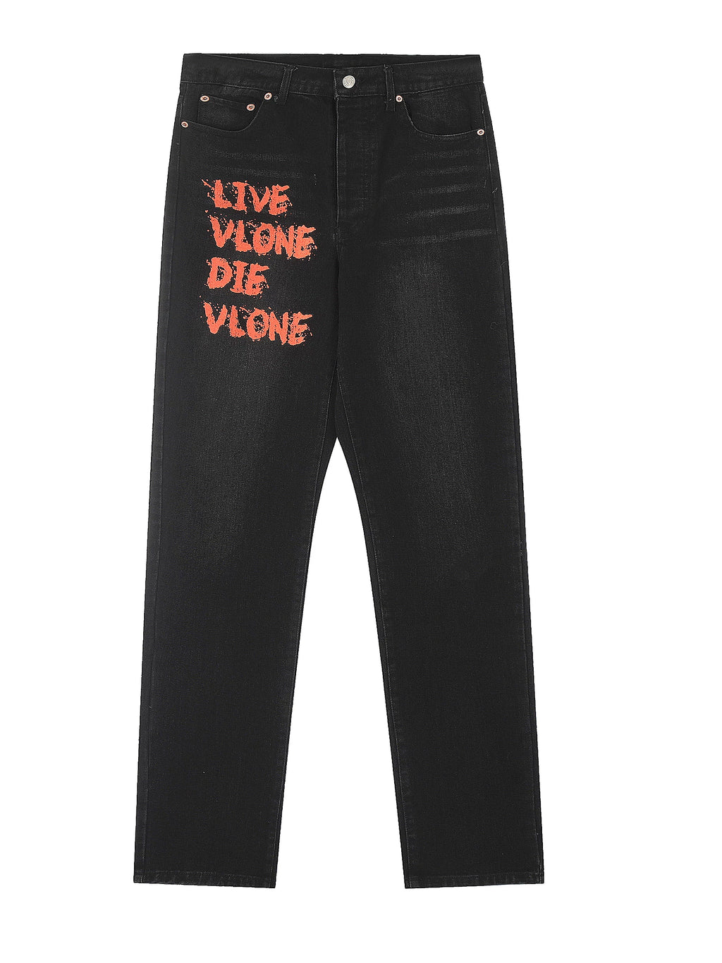 Vlone "Live Vlone Die Vlone" Graphic Denim Jeans - Dark Wash/Orange-Red