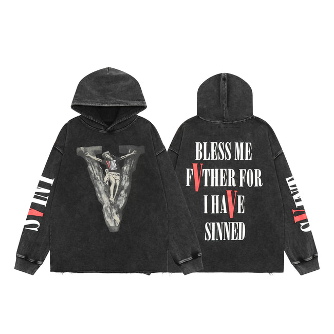 Vlone Acid Wash Religious Graphic Hoodie - Black Hover Image