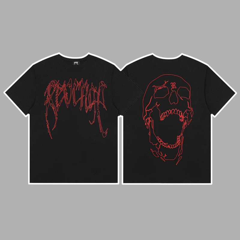 Revenge Red Outline Arch Logo & Skull Graphic Short Sleeve T-Shirt