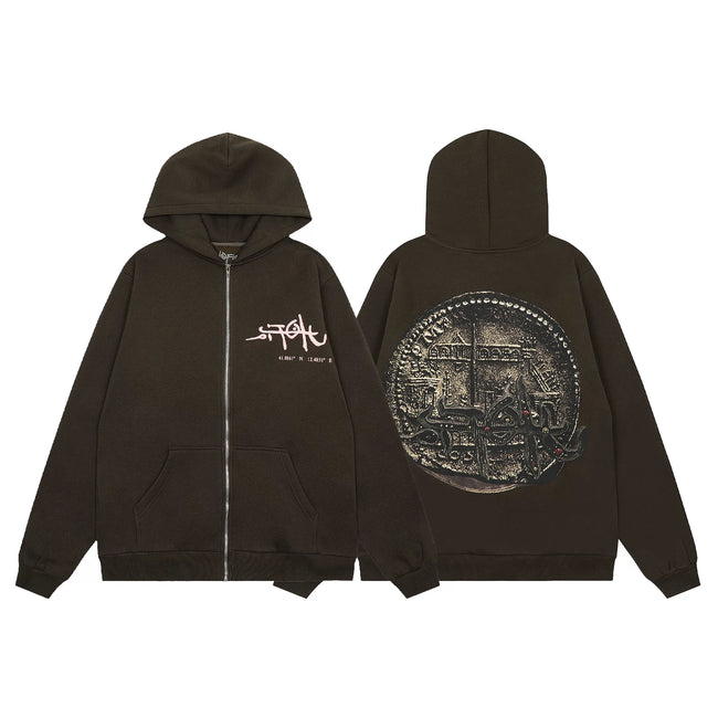 Streetwear Vintage Coin Graphic Full-Zip Hoodie - Coffee Brown Hover Image