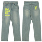 Vlone "Live Vlone Die Vlone" Graphic Denim Jeans - Light Wash/Green