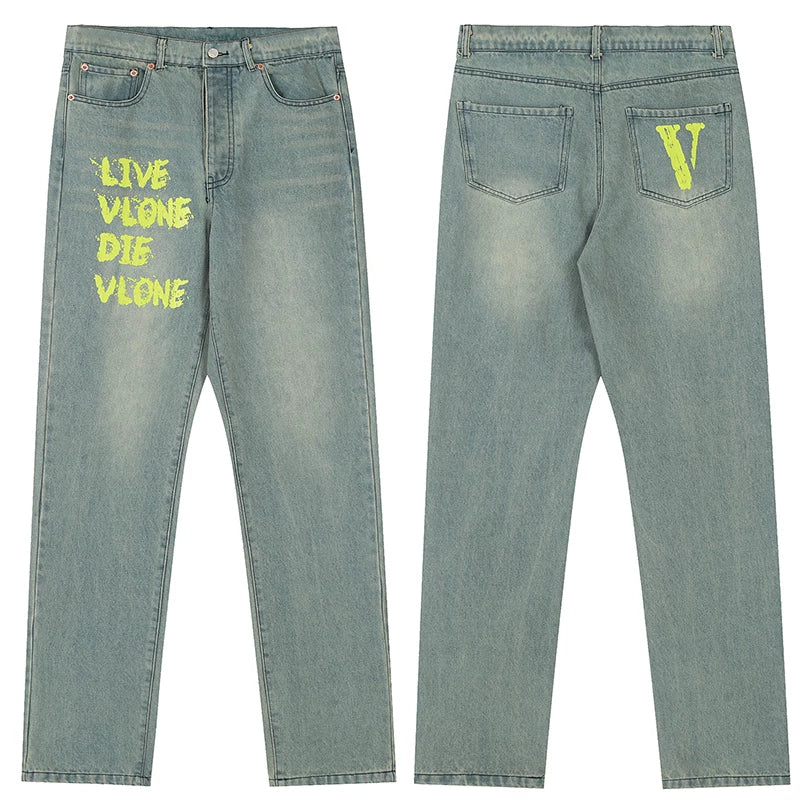 Vlone "Live Vlone Die Vlone" Graphic Denim Jeans - Light Wash/Green