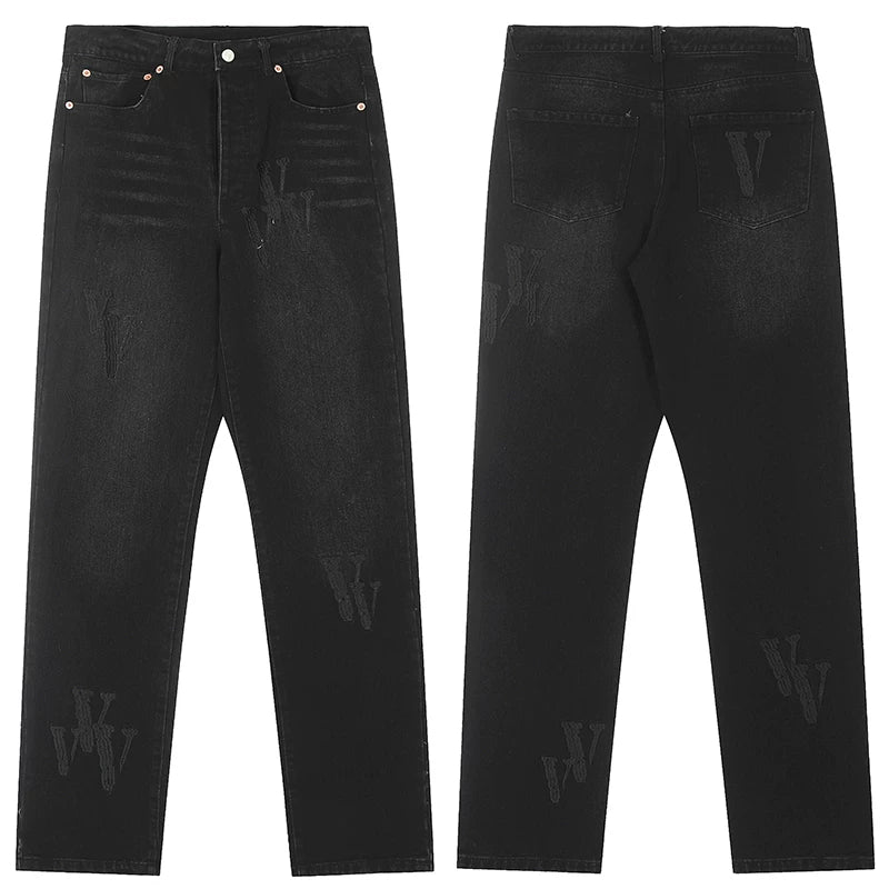 Vlone Subtle Logo Distressed Denim Jeans - Washed Black
