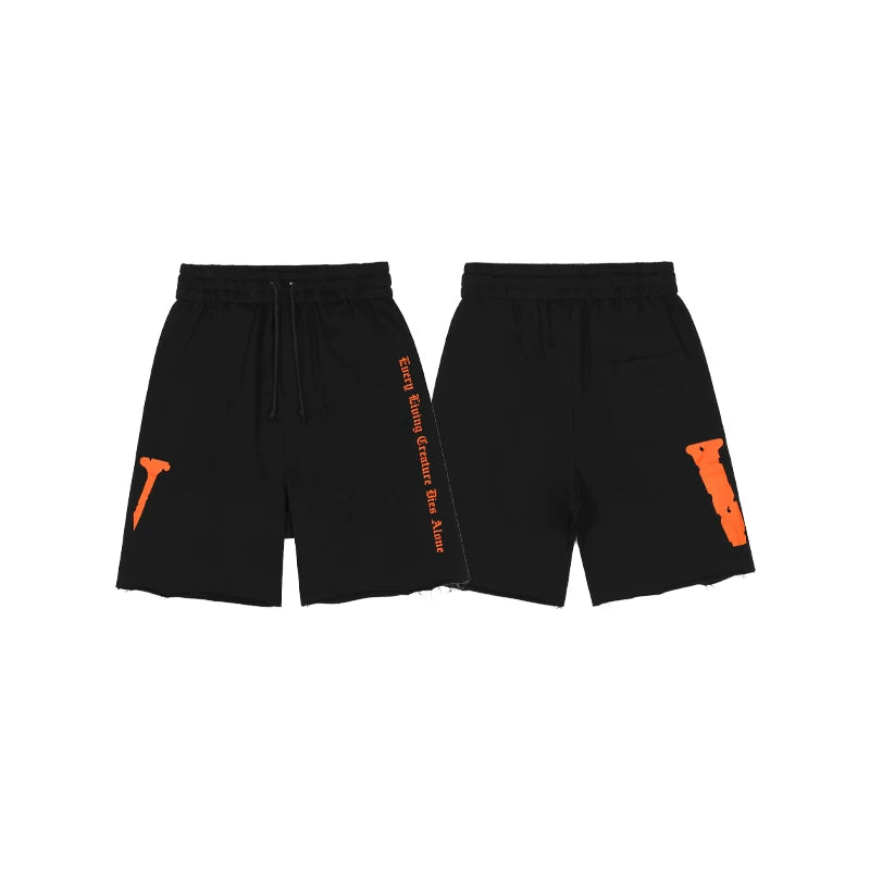 Vlone Side-Print Graphic Sweatshorts - Black/Orange