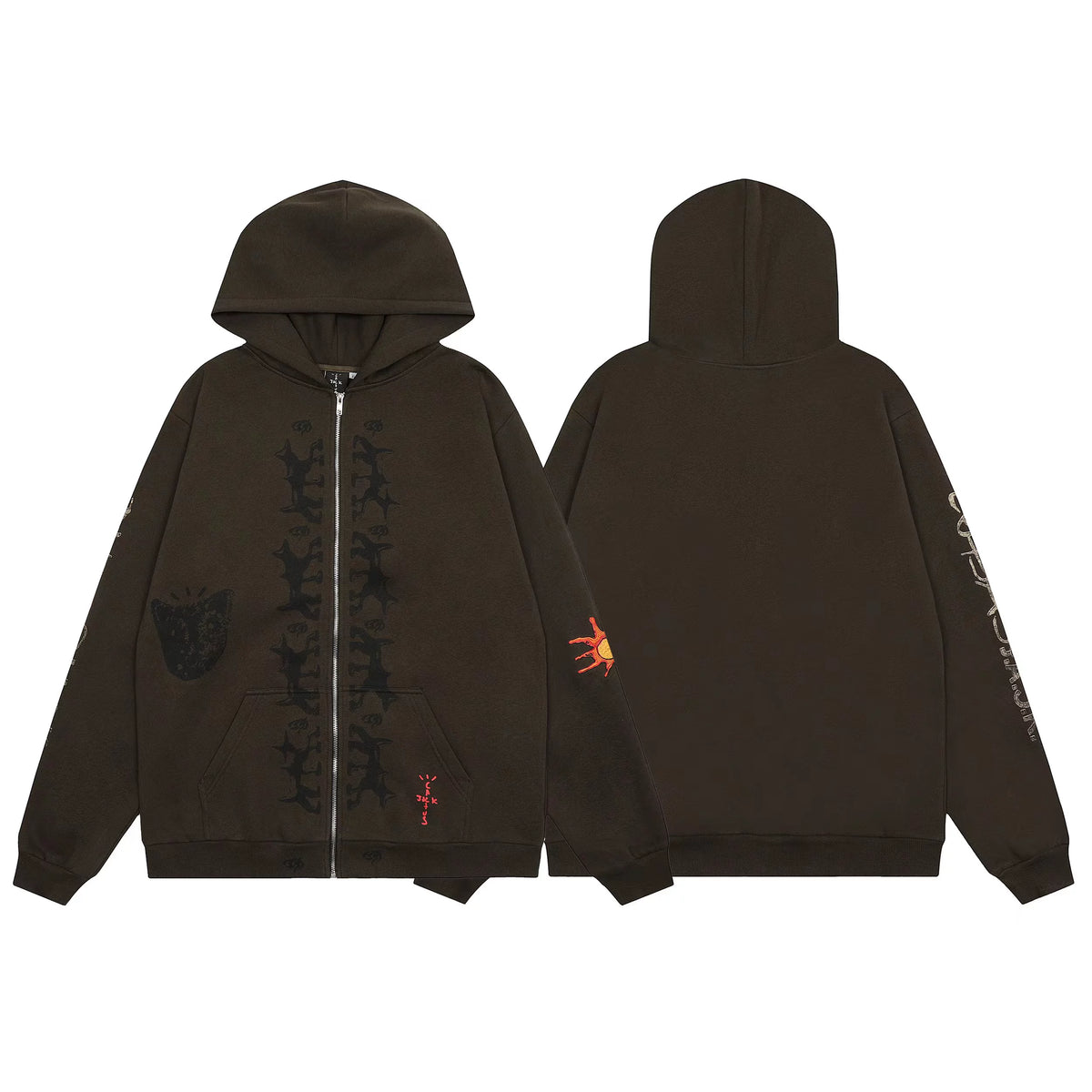 Streetwear Vintage Tapestry Zip-Up Hoodie - Dark Brown