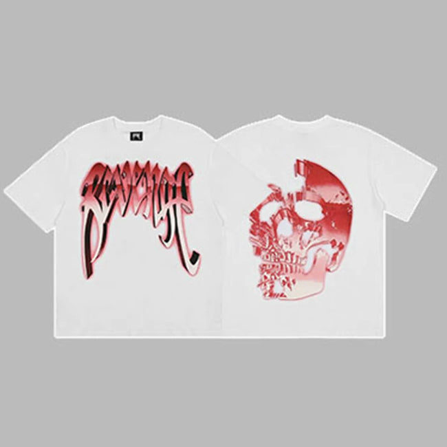 Revenge Red & Silver Gradient Arch Logo & Broken Skull Graphic Short Sleeve T-Shirt White Hover Image