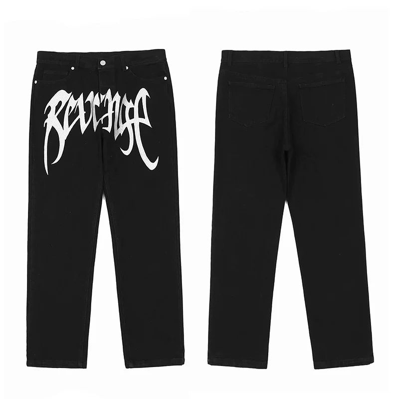 Revenge Gothic Logo Print Black Denim Jeans