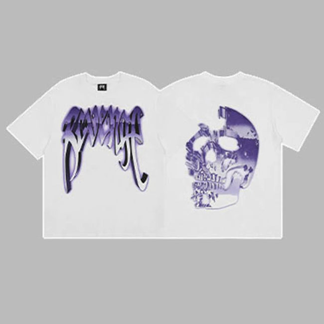 Revenge Purple & Silver Gradient Arch Logo & Broken Skull Graphic Short Sleeve T-Shirt White Hover Image